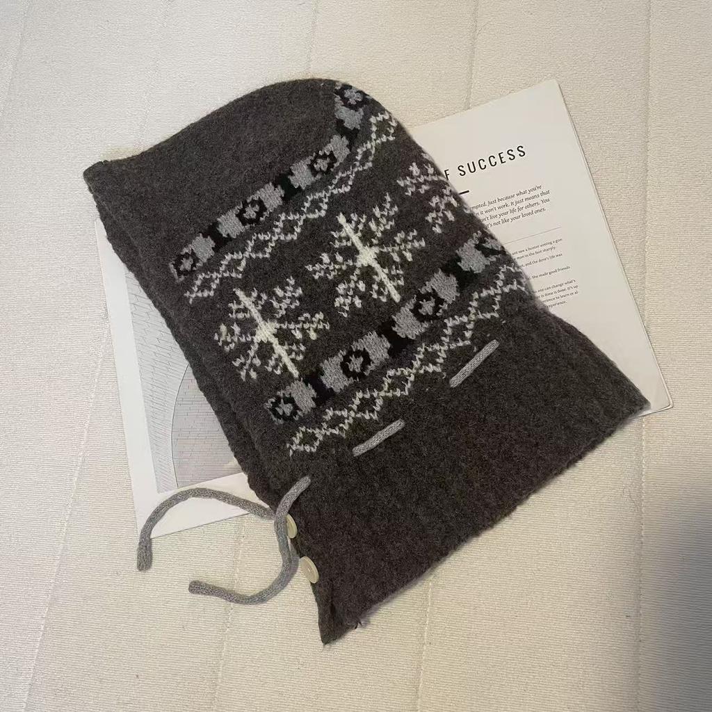 Retro Schneeflocken Sturmhaube Damen Herbst und Winter Verdickt Warm und Kältefest Ohrenschutz Überzieh-Mütze