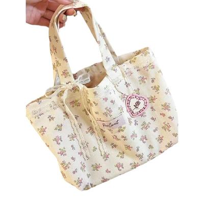 Large Capacity Fragmented Flowers Pattern Tote Bag  Sweet With Lace Bow Storage Handbags Canvas Handbag