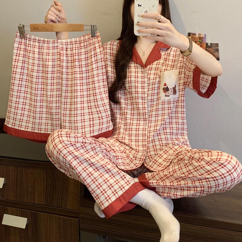 Leopard Print Love Heart Short Sleeve Pajama Set: Women's Summer Cloud Cotton Three-Piece Loungewear