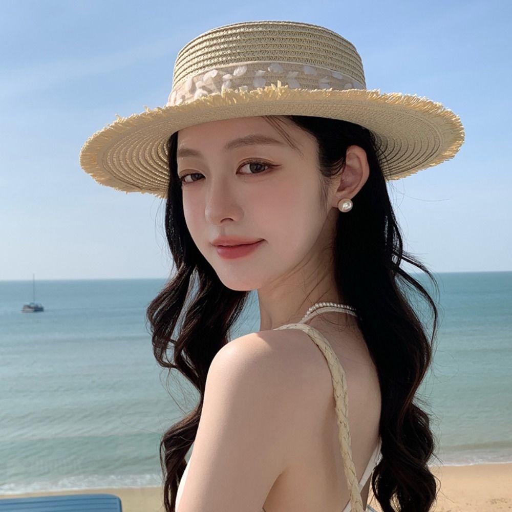 Fashion Large Brim Wide Brim Summer Sun Hat Lace Bowknot Anti Uv Sunshade Cap Sweet Breathable Straw Hat Seaside Vacation