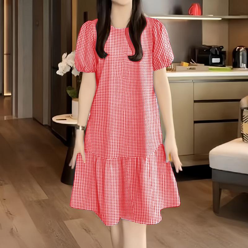 ZANZEA Women Casual Round Neck Grid Print Summer Short Sleeve Dress