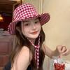 Japanese Style Sweet Gingham Basin Cap Adjustable Bucket Hat For Women And Men Soft Cotton Summer Sun Protection