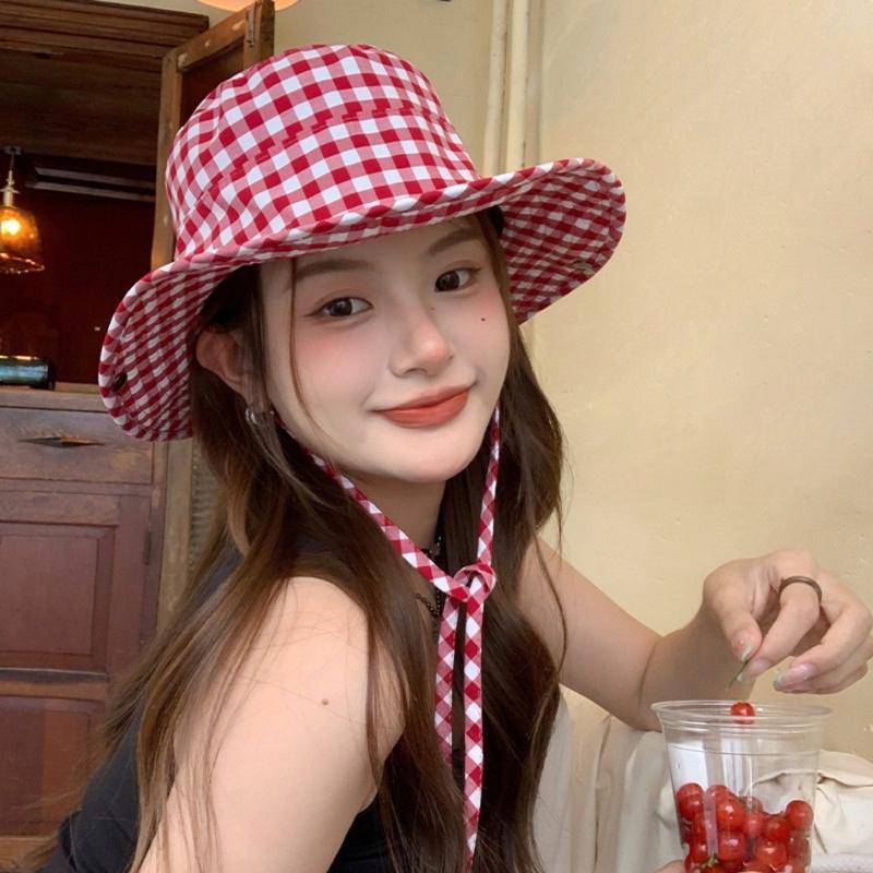 Japanese Style Sweet Gingham Basin Cap Adjustable Bucket Hat For Women And Men Soft Cotton Summer Sun Protection