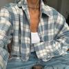 Women Long Sleeve Blue Plaid Shirt Vintage Oversized Loose Fit Blouse for Woman