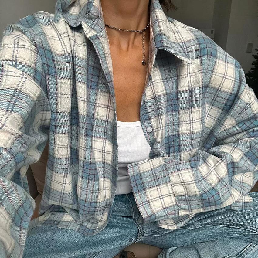 Women Long Sleeve Blue Plaid Shirt Vintage Oversized Loose Fit Blouse for Woman