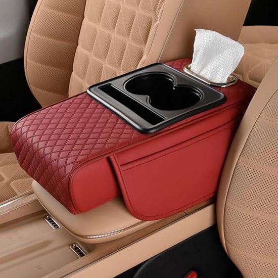 Car Armrest Cushion for SUV with Cup Holder 2.75" Height,5-in-1 Center Console Cover with 2 Storage Bags, Tissue Box Slot, Phone Slot for Sedans, Car