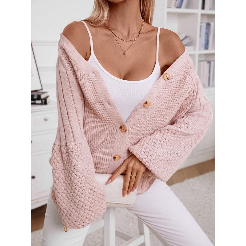 Pulover Tricotat cu Gât în V pentru Femei, cu Nasturi, Culoare Solidă, Larg, cu Mâneci Baloon