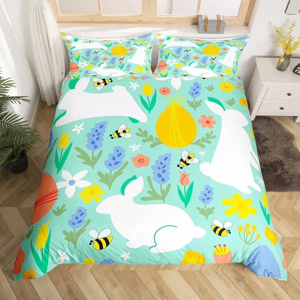 Comforter Kawaii Rabbit Cute Pet Animal Comforter Boho Floral Easter Eggs Bedding Set Happy Easter Gifts For Girls Teens