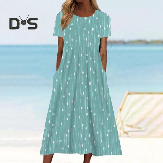 Women's Summer Short Sleeve Dress Casual Floral Print Round Neck Midi Dress with Pockets Flowy A-line Beach Sundress