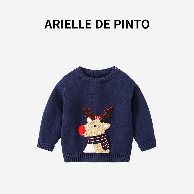 French Arielle De Pinto Knitted Sweater for Boys and Girls, Autumn and Winter Christmas Sweater, Cartoon Elk Fashion Sweater Navy Christmas Deer Sweater 120