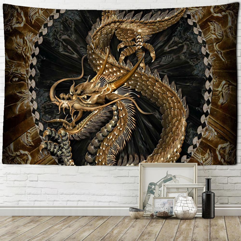 Dark Golden Dragon Pattern Tapestry Wall Hanging Abstract Mysterious Ancient Art Living Room Bedroom Home Decor