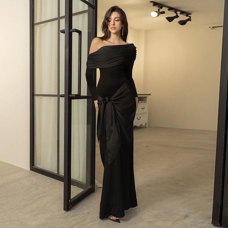Western Style Sexy off-Shoulder Long Sleeve Dress Women High Temperament Slim Fit Black Annual Meeting Banquet Formal Dress Long Dress