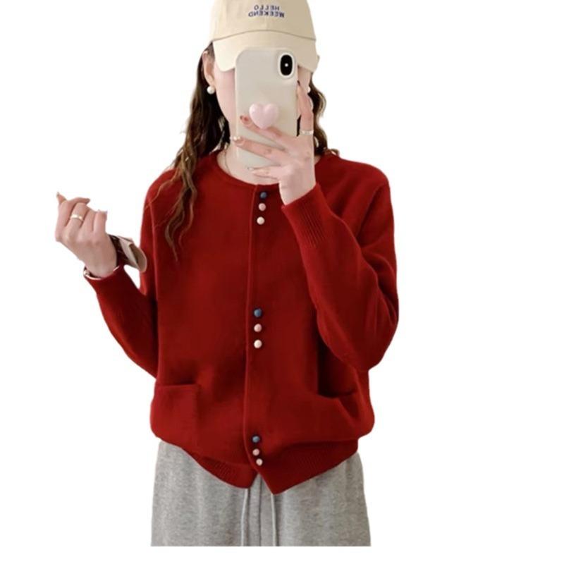 Autumn and Winter New Lazy Loose Solid Color Knitted Cardigan Women's Round Neck Color Button Sweater Jacket Tide
