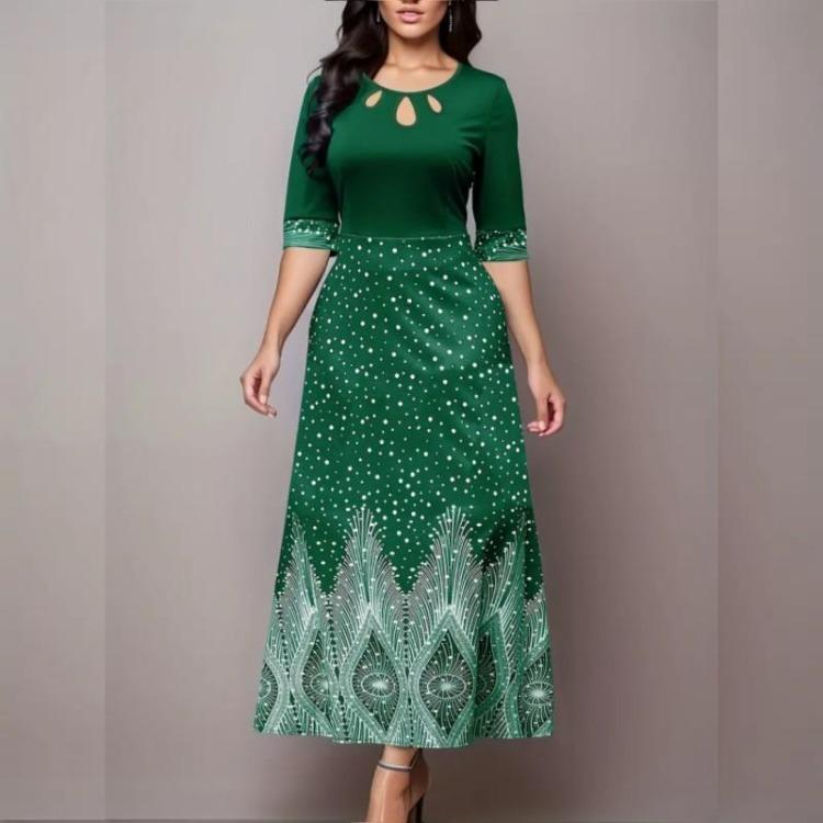 Floral Print Elegant Women Party Banquet Dress Half Sleeve Cut Out Clothing Crew Neck S зелёный