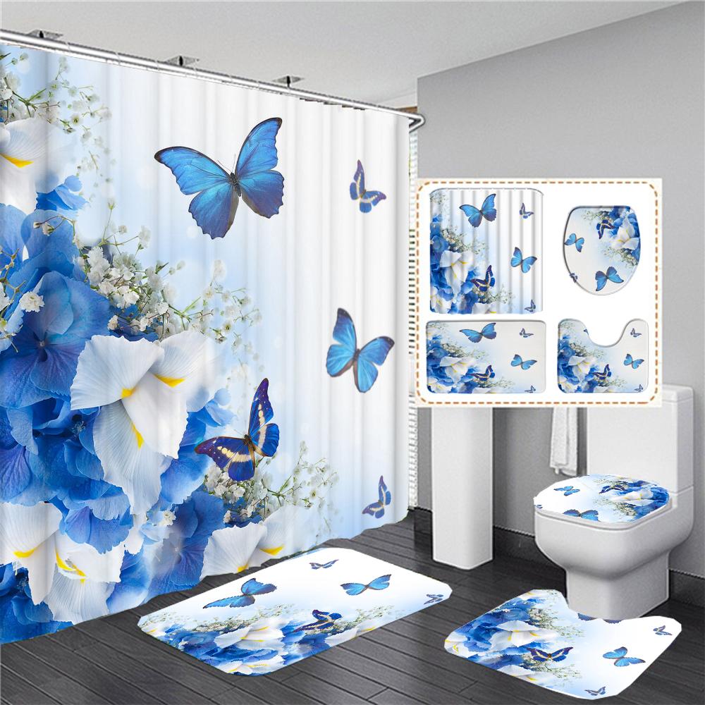 180*180cm Blue Rose Flowers Fabric Shower Curtains Bath Mat Rugs Beautiful Butterfly Flower Bathroom Curtain Set Home Decoration