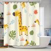 Giraffe Shower Curtain Cartoon Animal Print Bath Decor Set with Leaf Flower Designs Kids Room Decoration Waterproof Fabric Multi