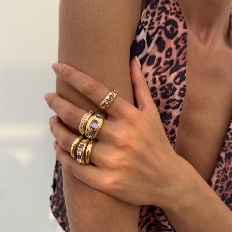 Pack of 6 Adjustable Stackable Rings Featuring Pink Gemstones for Comfort Fit and Multiple Fashion Combinations