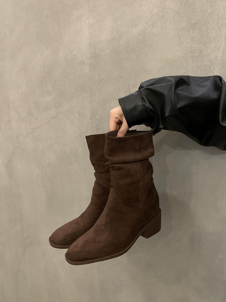 Inner height increase 7cm thick heel retro pleated suede Martin boots 2025 new small man pile small short boots women