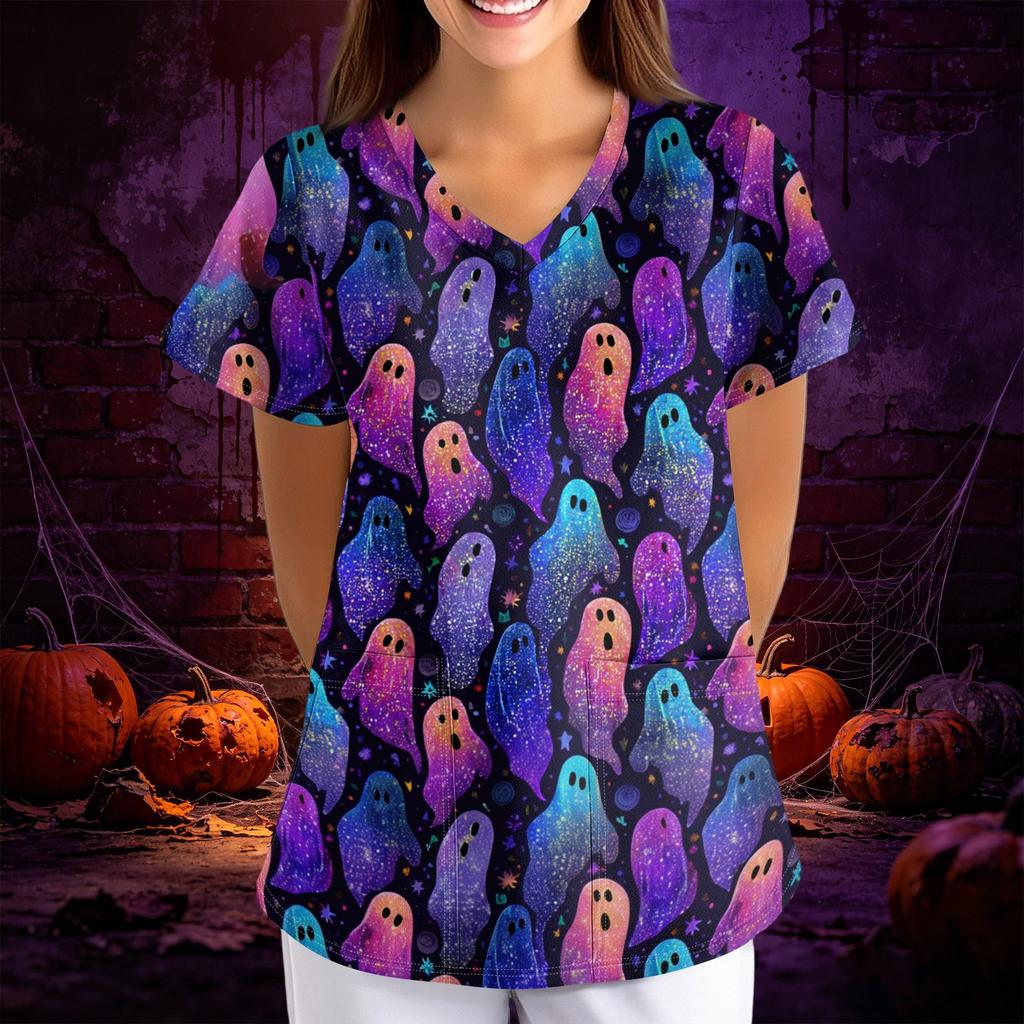 Women's Halloween Print Scrub Top V-Neck Short Sleeve with Pockets - Loose Fit Costume Shirt for Work or Party