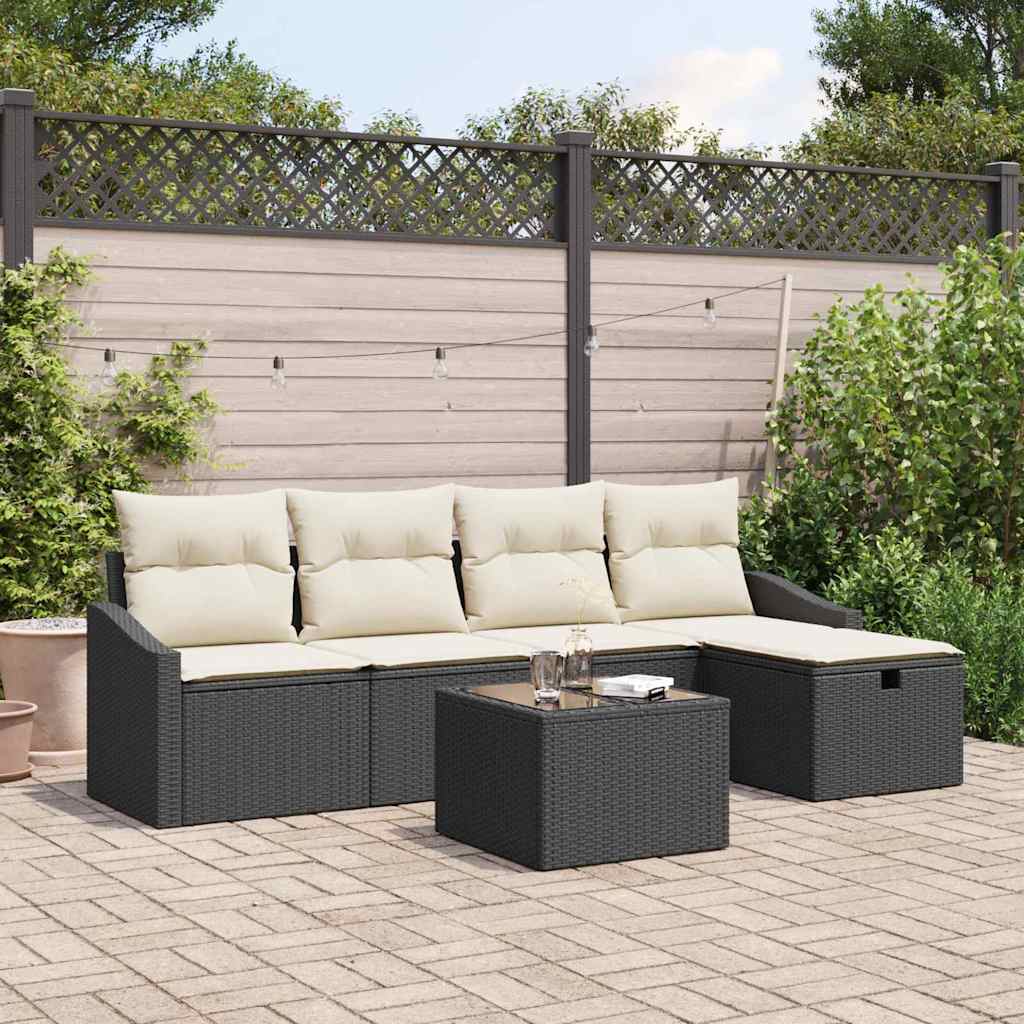 Sofa Set with Cushions and Storage Black Poly Rattan