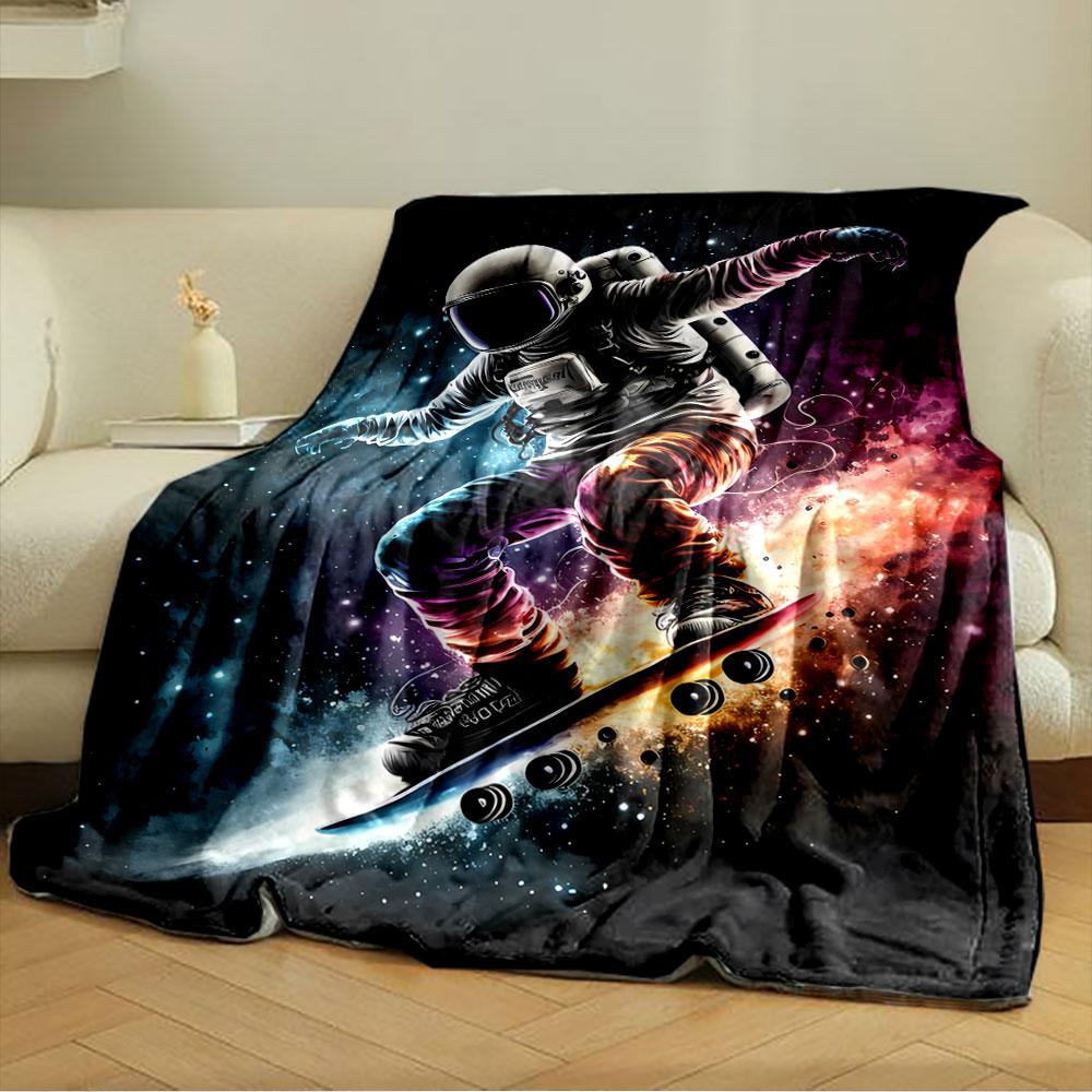 An Astronaut Skateboarding Through Vibrant Cosmic Colors and Starry Space. for All Seasons Blanket Lunch Break Throw Gift