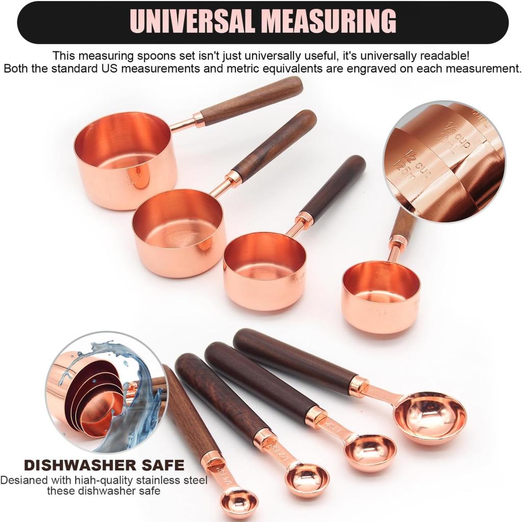 Rose gold handle wooden stainless steel measuring cup measuring spoon set 8PC