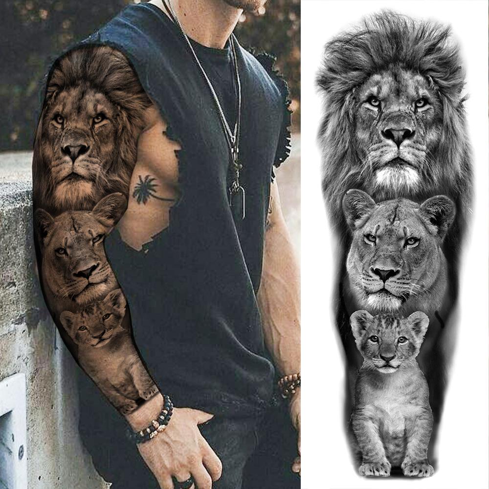 1 Sheet Long Sleeve Temporary Tattoos For Men Women Flower Skull Lion Wolf Tiger Nun Fox Compass Tattoo Sticker Body Art Arm Leg