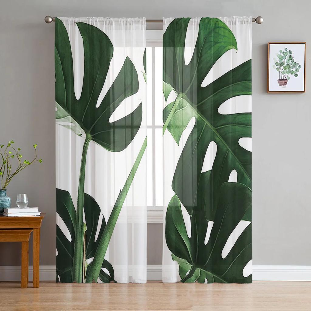 Luxury Tropical Plants Monstera Palm Leaves Curtains Living Room Printed Tulle Window Curtain Home Balcony Decor Drapes With Sheer Polyester Perfect