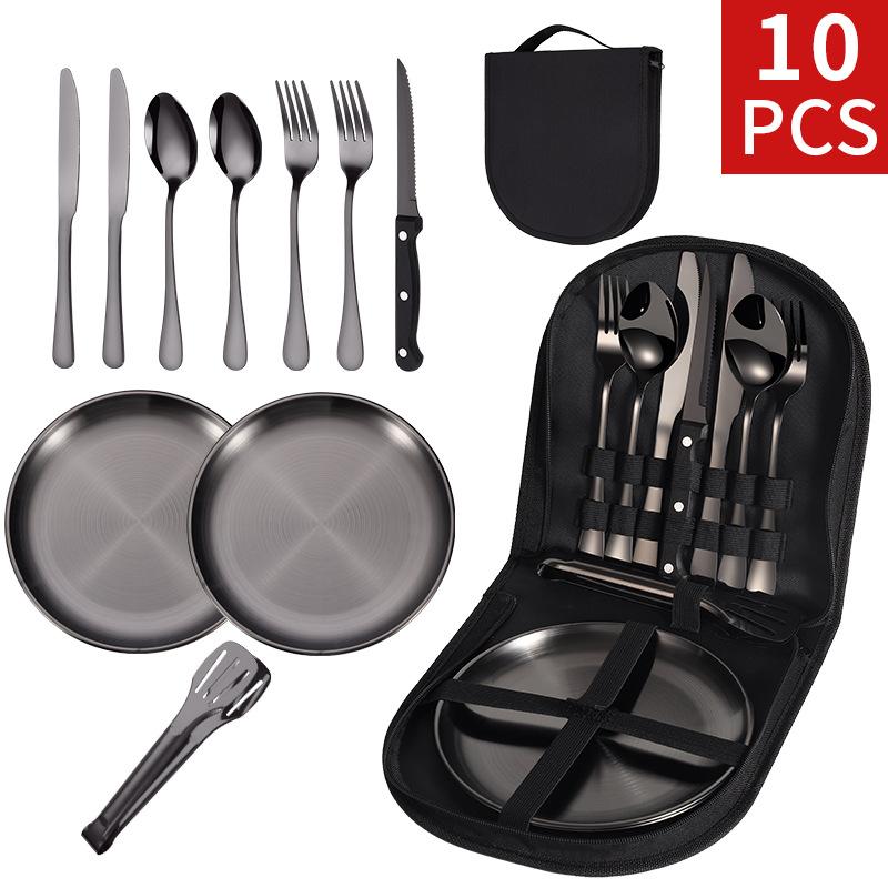 20Pcs Portable Stainless Steel Tableware Set Knife Fork Spoon Plate for Camping Picnic