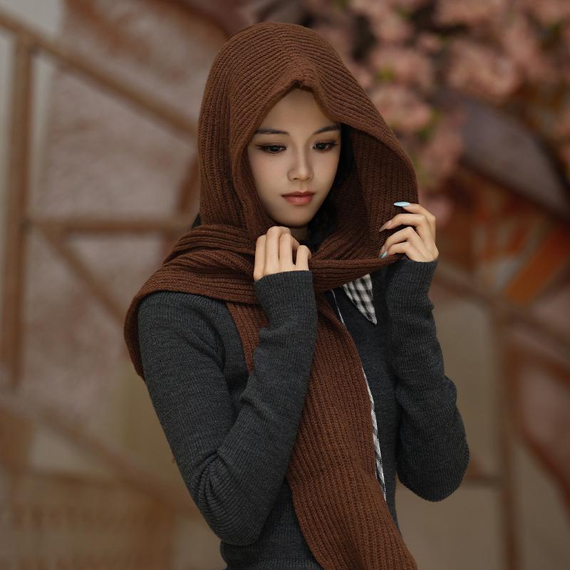 Korean Fashion Shawl Knitted Hat Winter Keep Warm Windproof Hood For Women кофейный