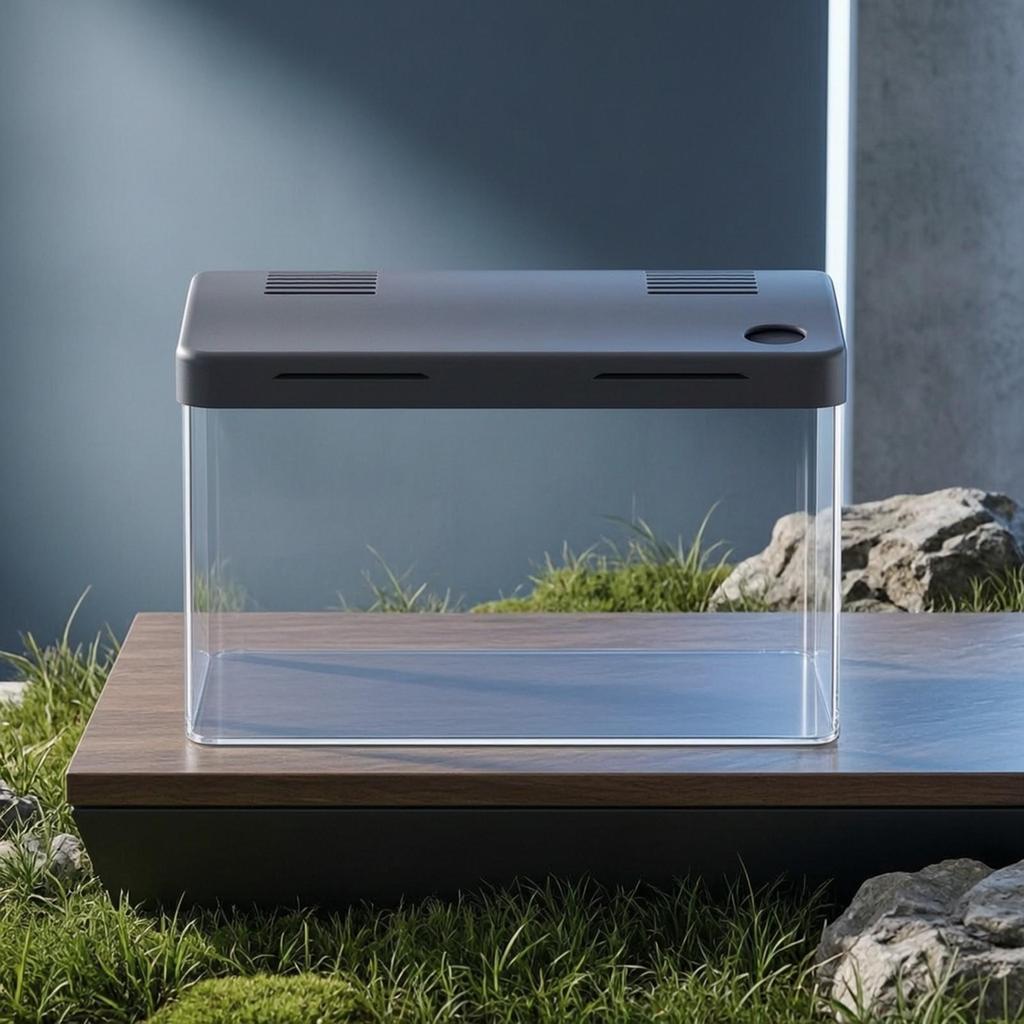 Desktop Aquarium with Dark Lid Covered RoundedCorner Acrylic SpaceSaving Clear tank