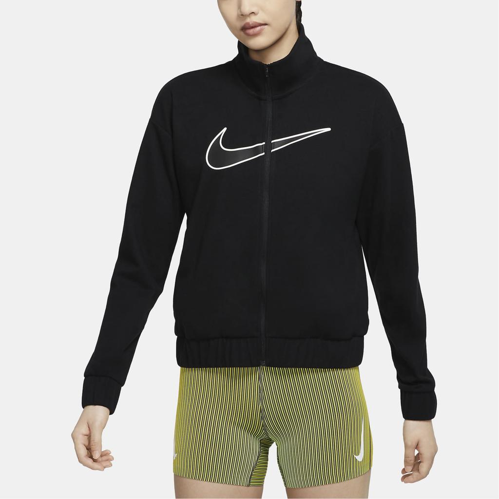 Nike Dri-Fit Swoosh Run Logo Print Zip-Up Stand Collar Jacket Women Jackets Black DQ6384-010