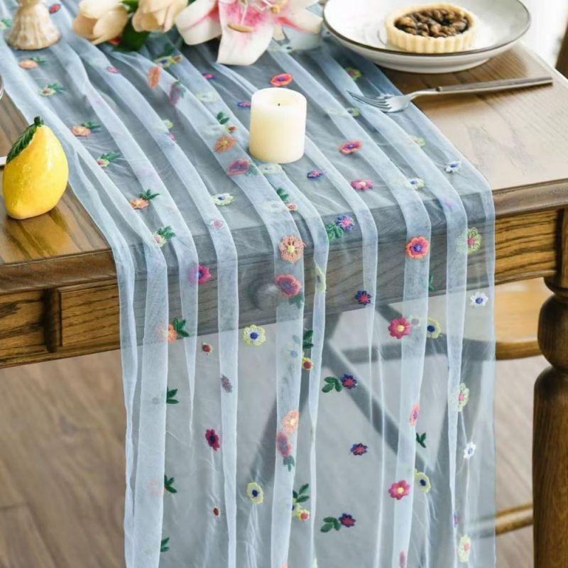 

Embroidered Floral Mesh Table Runner Wedding Festival Gauze Curtain 30*100cm