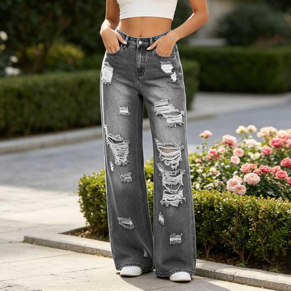 Women's High Waist Straight Leg Ripped Distressed Denim Jeans Casual Pants