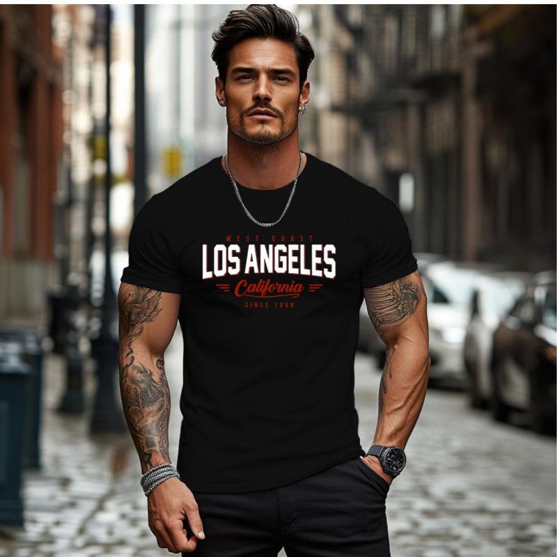 American Fashion Trendy Casual Ins Street Culture Los Angeles City Name Easy Creative Print Men'S Short-Sleeved T-Shirt, Round Neck Black Pure Top