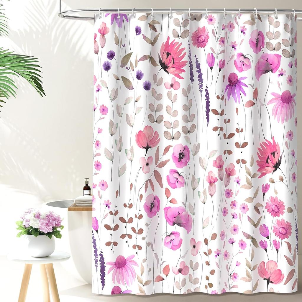 Watercolor Floral Shower Curtain, Flowers Print Spring Bathroom Curtain, Wildflowers Home Décor Machine Washable Bath Curtain