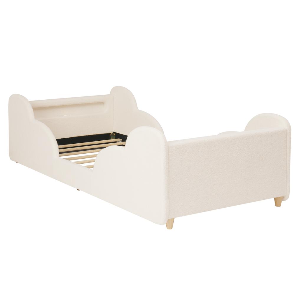 Children's Bed 90 X 200cm, Upholstered Bed, with Safety Rail, Night Light, USB Charging Port and Storage Compartments, Solid Wood Legs, Beige Bouclé