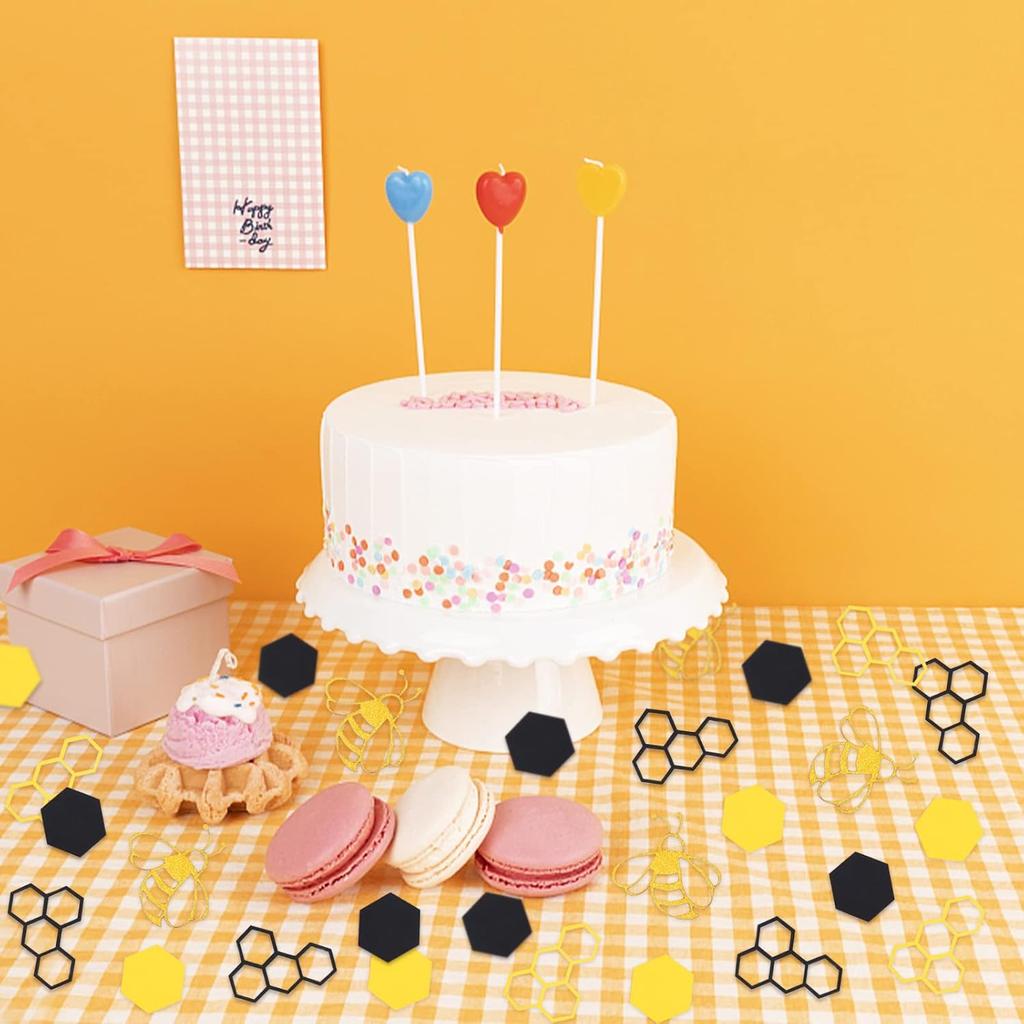 100PCS Bee Confetti Bee Dot Stripes Yellow Black Circle Honeycomb Hexagon Confetti for Baby Shower Themed Bee Birthday Table Decoration Supplies