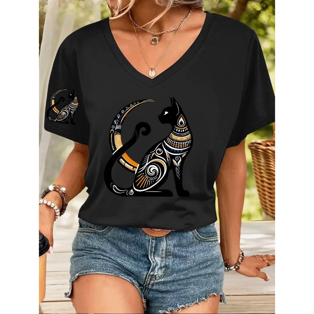 Women's Fashion T-Shirt Short Sleeve 3D Cat Print Top Tees V-Neck Casual Woman Graphics Clothes Women's Clothing