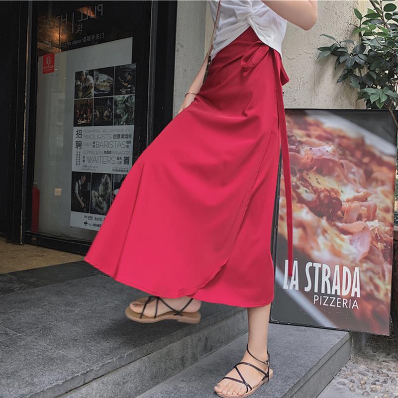Summer Elegant Stain Women A-Line Long Skirts Side Split High Waist Fashionable Umbrella Beach Female Skirts