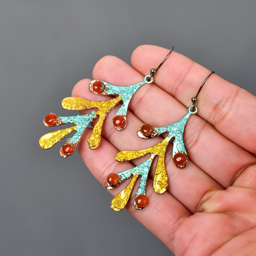 Carnelian Gemstone Drop Multi Electroformed Hook Earrings Jewelry Silver Finish V-99