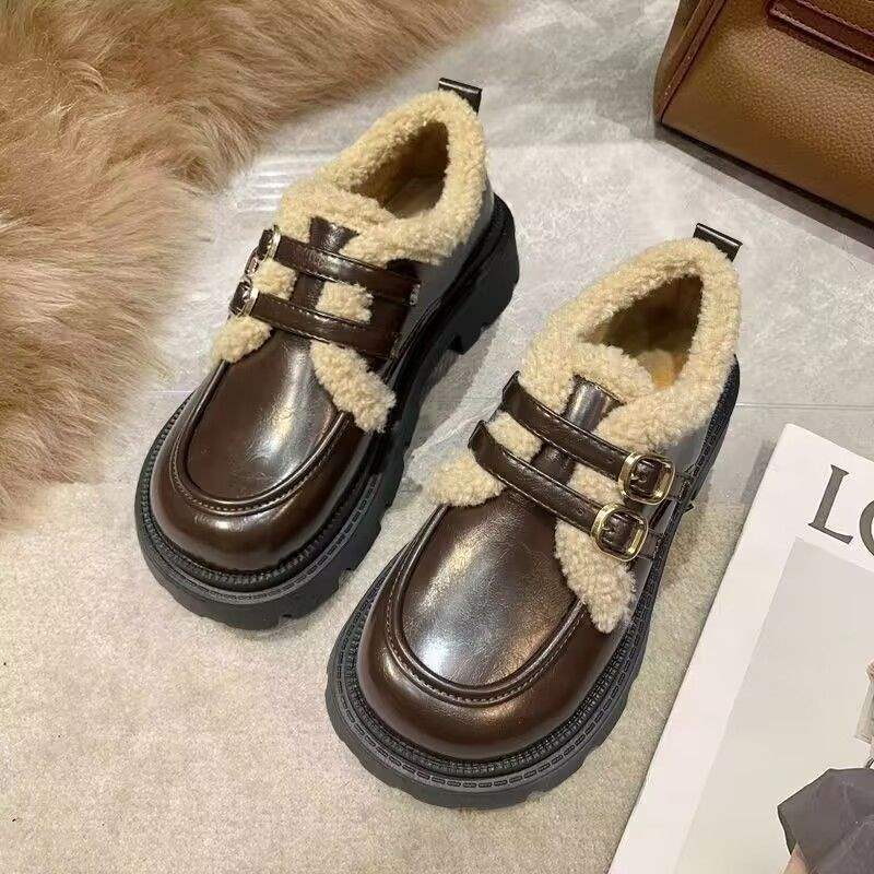 

Обувь Мао Мао женская в британском стиле, маленькие кожаные туфли, 2025 осень-зима, бархатные теплые хлопковые туфли, туфли на платформе, лоферы, туфли jk одинарные 46