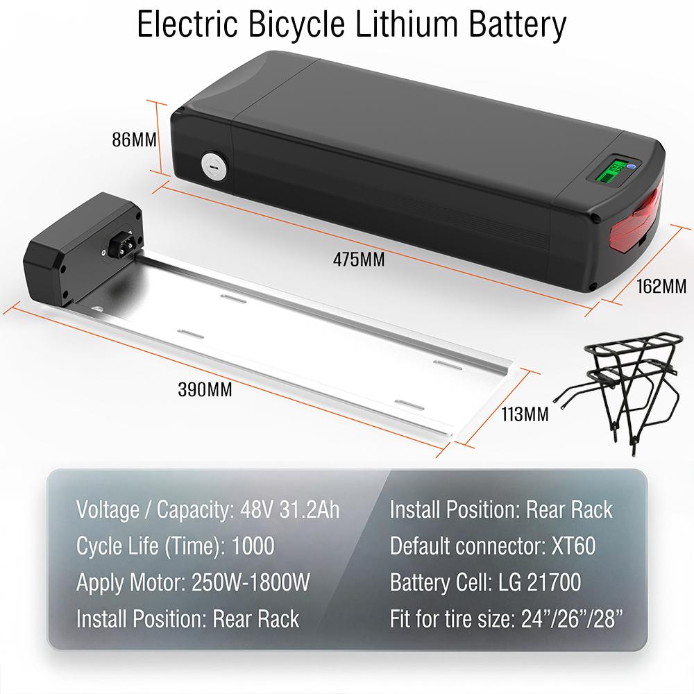 21700 Cells 48V 31.2Ah Rear Rack Ebike Battery 50A BMS XT60 Connector 1000 Cycles LED Display EU Warehouse Fast Shipping