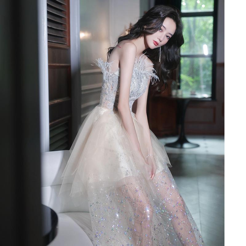 Style Evening Dress Female Adult Graduation Banquet Temperament Tube Top One-word Shoulder Art Test Light Luxury Niche Design Sense Fairy