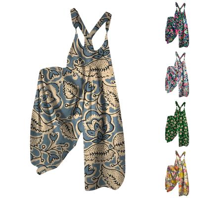 Geniş Bacak Tulum Kadınlar Için Rahat Gevşek Kolsuz Tulumlar Retro Baskı Metal Düğme Uzun Pantolon Romper Tulum Cepler Ile