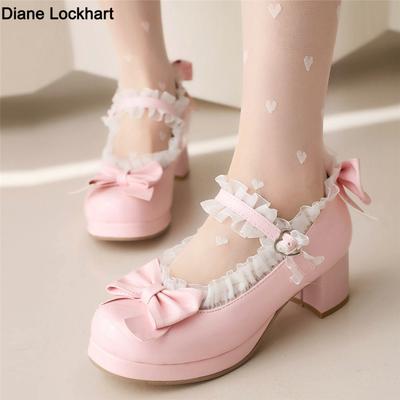 Zapatos de Tacón Medio de Moda para Mujer Lolita Cuero Patentado Lindo Lazo Bomba Mary Jane Boda de Novia Fiesta Cosplay Rojo Rosa Negro Verde Talla 31-43