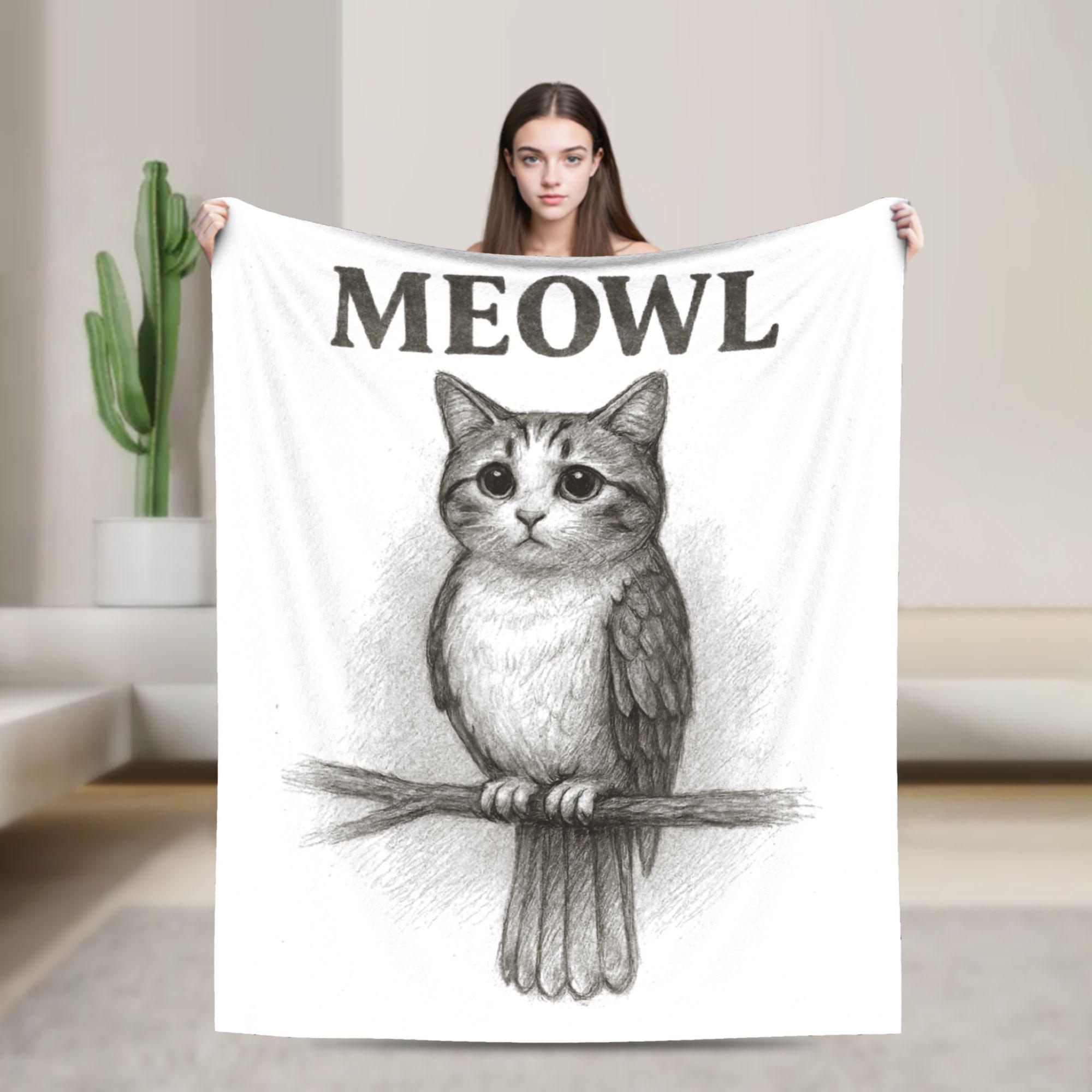Мяу Скетч Мяу Кот Сова Мозговая Гниль Мем Игровой Сленг Мягкое Теплое Одеяло Детское Плюшевое Плед Принт Диван Кровать Фланель 75x100cm (30x40inch)