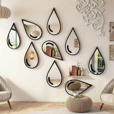 3Pcs Wall Mount Acrylic Mirror Wall Stickers Black Frame Teardrop-Shaped Mirror  Bedroom Decor