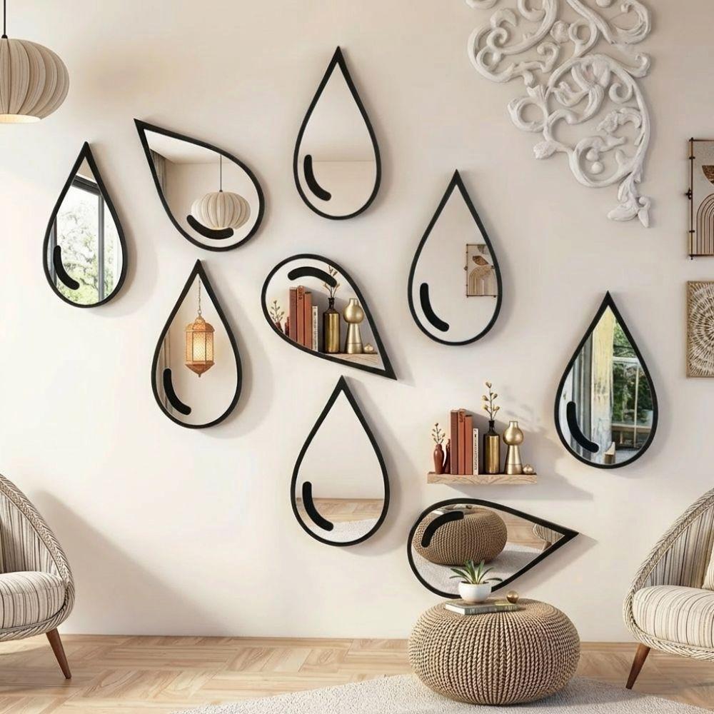 3Pcs Wall Mount Water Drop Wall Stickers Black Frame Teardrop-Shaped Mirror  Bathroom