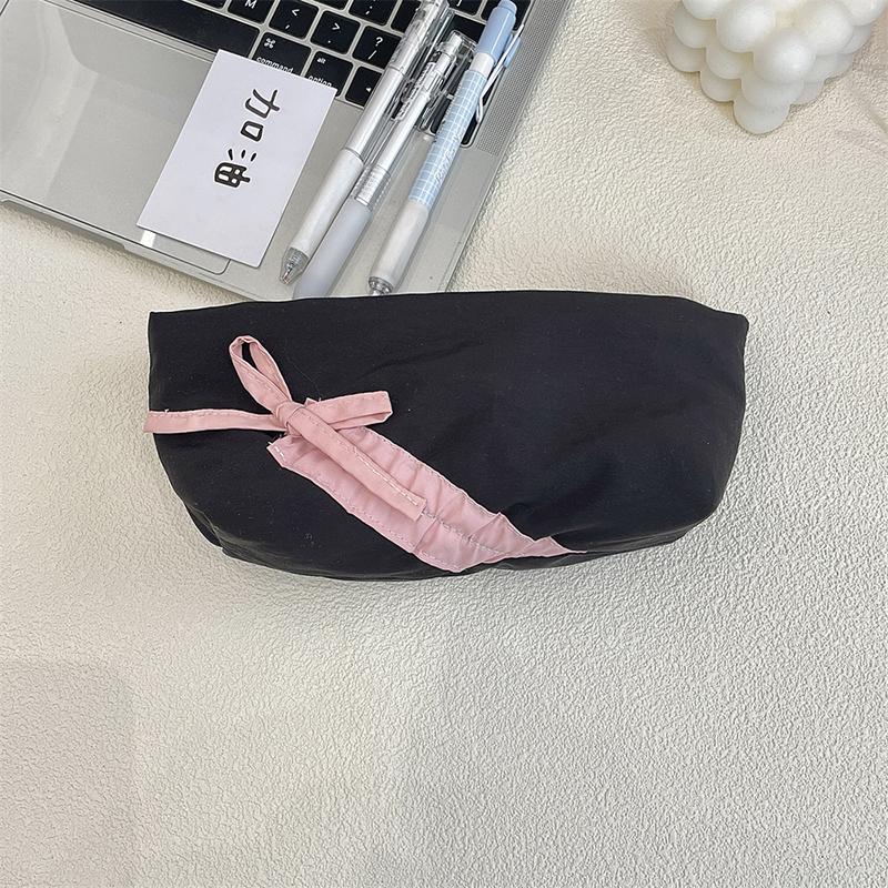 Ins Style Simple Fabric Pencil Case Bowknot Makeup Bag Large Capacity Storage Bag Stationery Pouch School Supplies Girls Gift